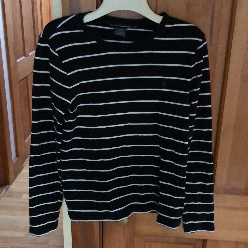 RALPH LAUREN POLO Black White Striped Long Sleeve L